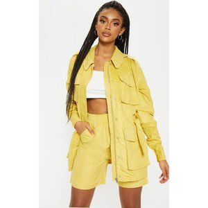 PRETTYLITTLETHING Mustard Yellow Faux Suede Pocket Detail Jacket + Shorts SZ 2